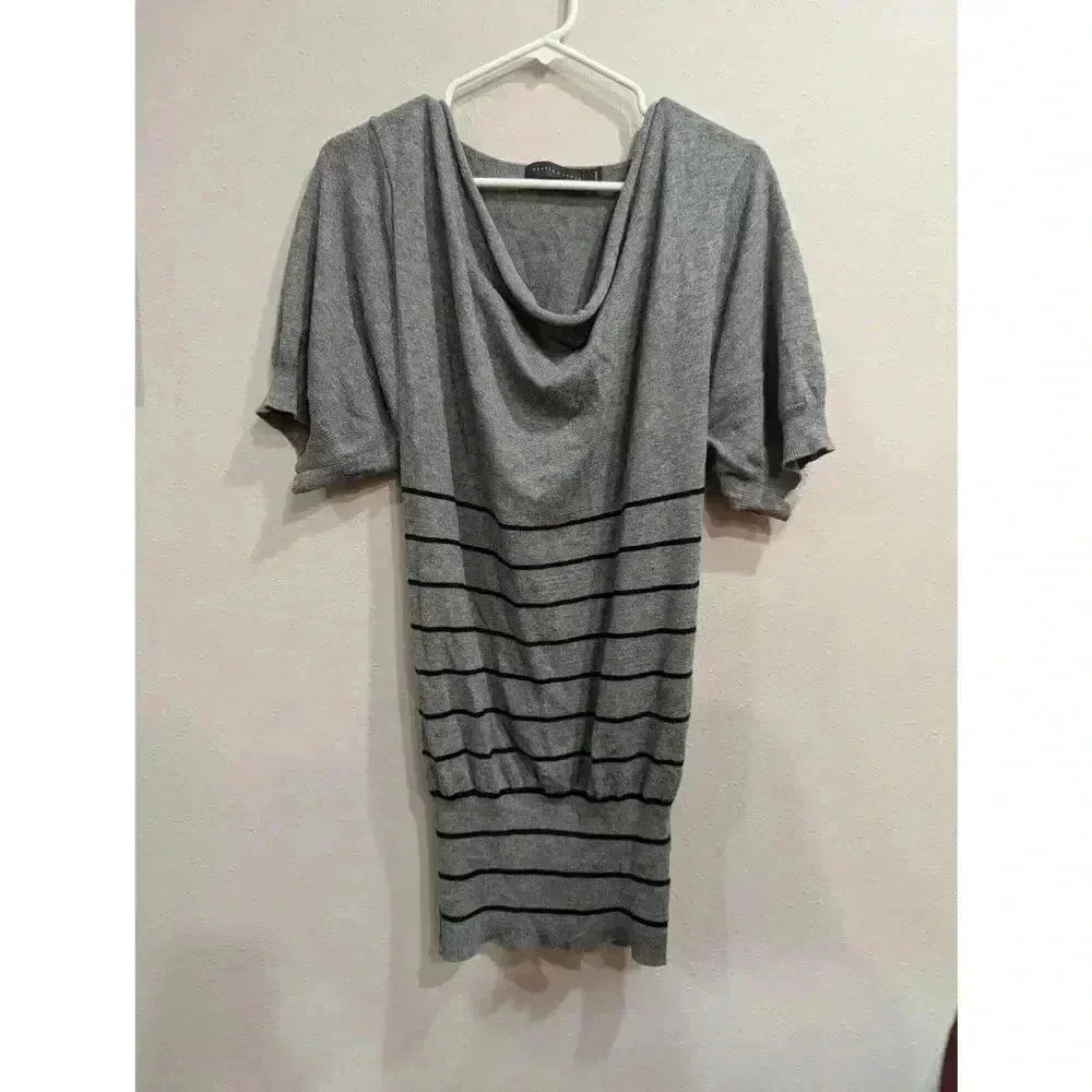 Grey short sleeve silk wool cotton & cashmere blend black striped sweater size M